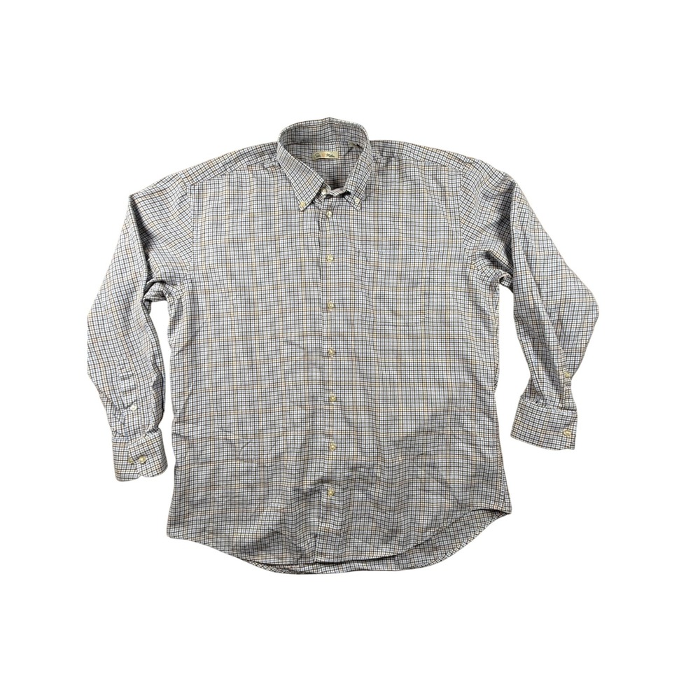 Peter Millar Mens Large Blue Brown Tattersall Plaid Button Down Shirt L/S Turkey